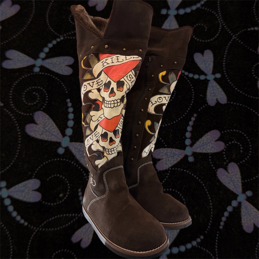 Ed Hardy Brown Suede Boots with Red, White and Black Skull Graphic